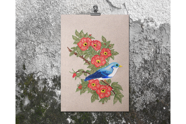 Cute Blue Bird on Wild Red Roses by Fabulous Cat Papers
