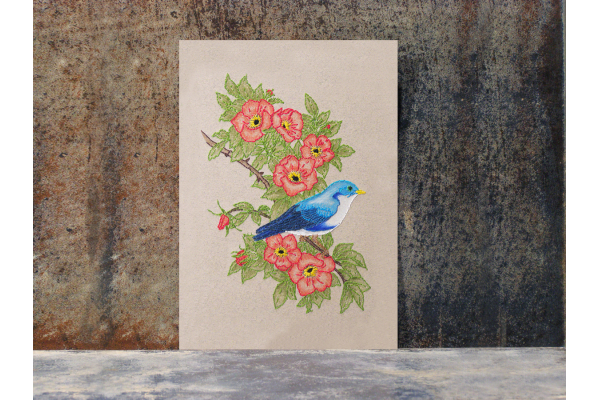 Cute Blue Bird on Wild Red Roses by Fabulous Cat Papers