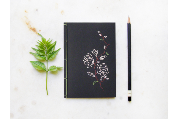Magnolia on Black. Embroidered Notebook by Fabulous Cat Papers
