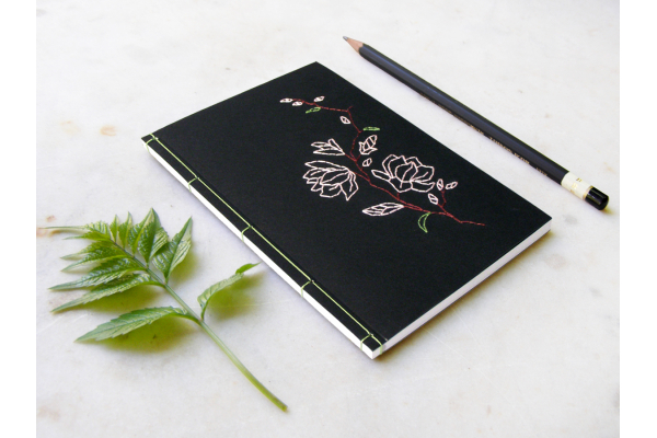 Magnolia on Black. Embroidered Notebook by Fabulous Cat Papers
