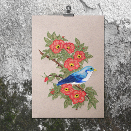 Cute Blue Bird on Wild Red Roses by Fabulous Cat Papers