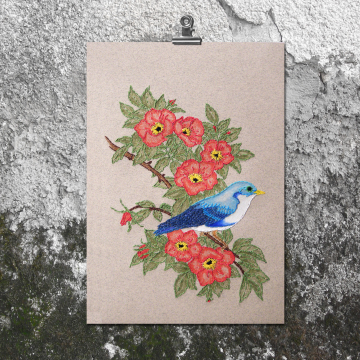 Blue Bird on Wild Roses